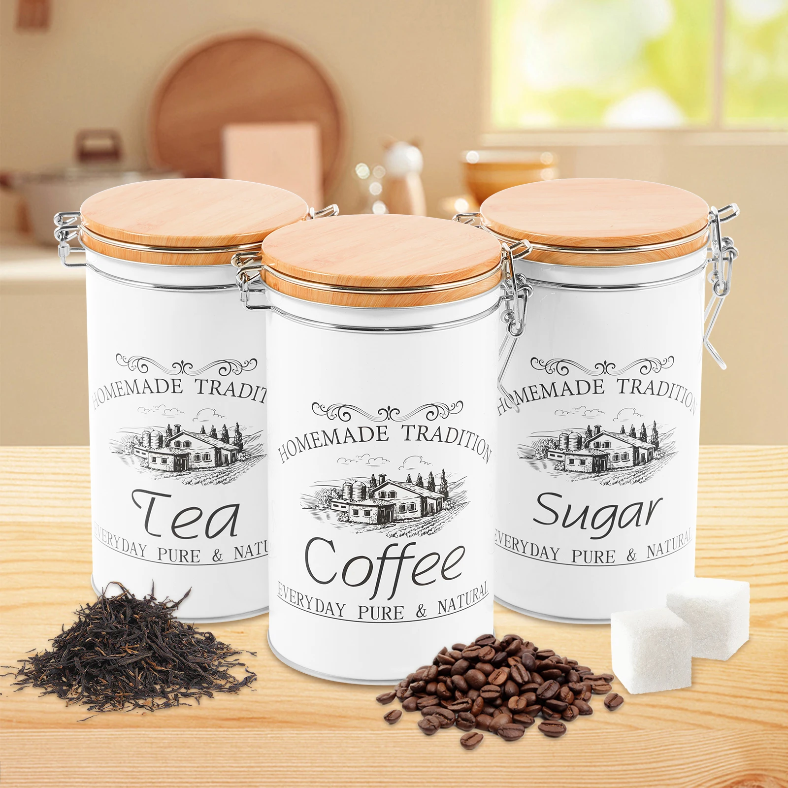 Coffee Tea Sugar Canisters - Juego de 3 Recipientes Metálicos para